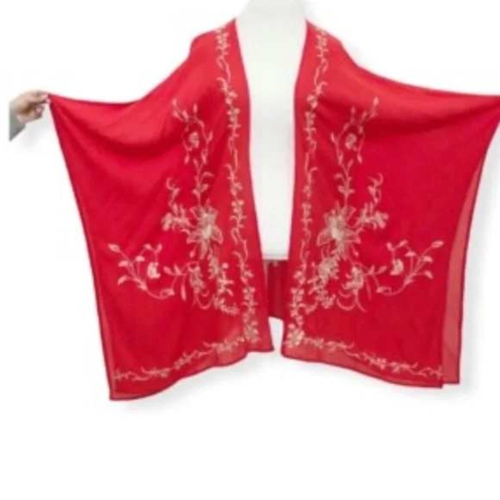 Nectar Clothing Coral Embroidered Kimono Cardigan Duster‎ Open Front Sheer  S M